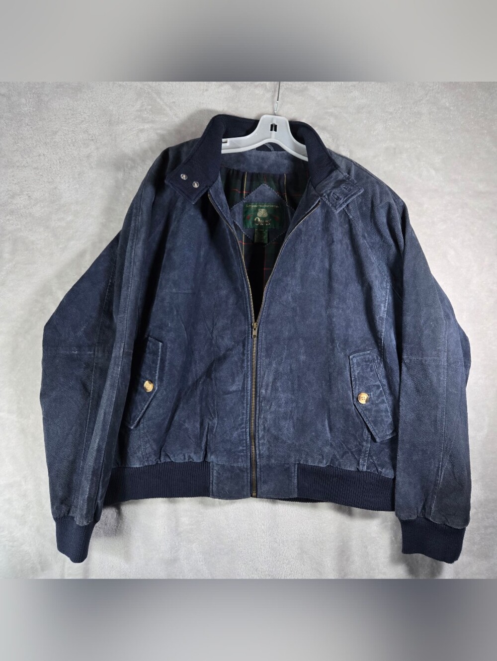 Orvis Suede Leather Bomber Jacket Mens Size XL Extra Large Blue Full Zip Lined
